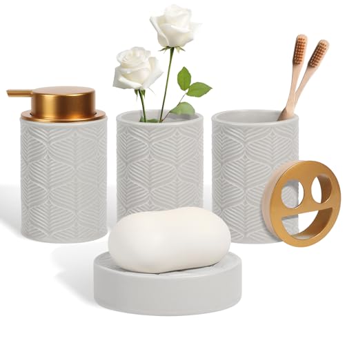 Kukikan Ceramic Bathroom Accessories Set, 4 Pcs-Includes Lotion Soap Dispenser, Toothbrush Holder, Vanity Tray, and Tumbler, Modern Bathroom Decor Organizer with Soap Dish, Apothecary Jar, Grey Color - color: Ceramic Grey