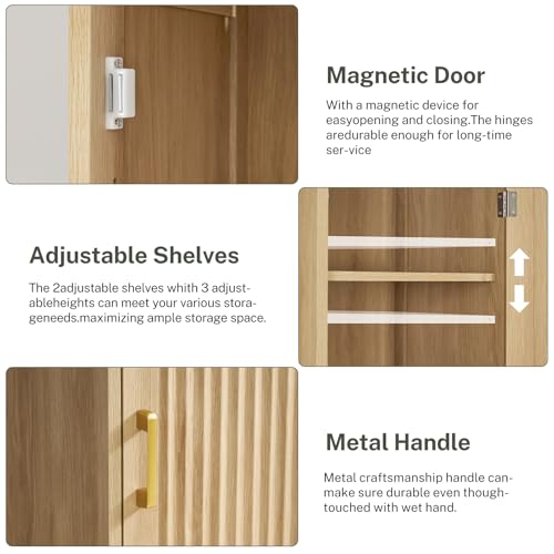 Iwell Tall Narrow Storage Cabinet with 1 Drawer and 2 Doors, Fluted Cabinet with Adjustable Shelves, Rattan Kitchen Cabinet for Bathroom, Living Room, Kitchen, Natural Oak - color: Fluted Natural