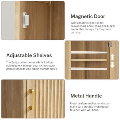 Iwell Tall Narrow Storage Cabinet with 1 Drawer and 2 Doors, Fluted Cabinet with Adjustable Shelves, Rattan Kitchen Cabinet for Bathroom, Living Room, Kitchen, Natural Oak - color: Fluted Natural