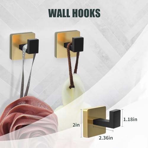 5 Piece Black and Gold Towel Bar Set - Gold and Black Bathroom Accessories with 2 Towel Hook, Stainless Steel Wall Mounted Bathroom Towel Rack Set - Square 16-Inch - color: Black and Gold, size: 16 IN
