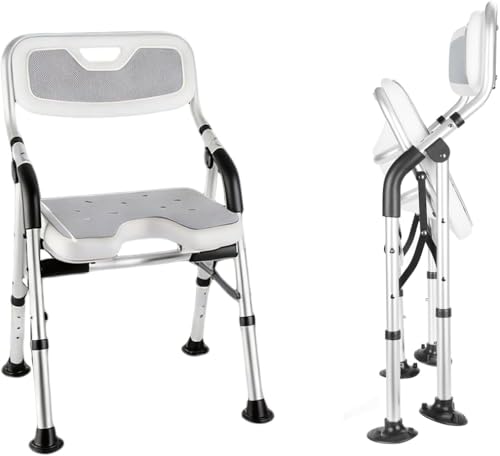 DEWEL Foldable Shower Chair for Elderly and Disabled, Folding Shower Seat with Armrests and Back Height Adjustable, Aluminum Alloy Bath Seat for Inside Shower, 330lbs Capacity(Gray) - color: Gray