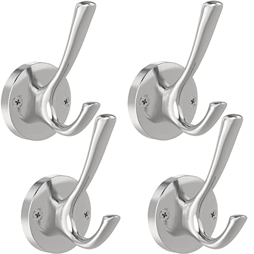 TOFIIGREM Brushed Nickel Wall Hooks, 4 Pack Heavy Duty Coat Towel Hook Metal Double Hook Wall Mounted Hanging, Bath Towel Hooks for Entryway Cubicle Bathroom Closet Garage - color: Silver, size: 4 Pack