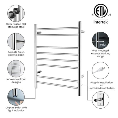 Kibi 24 Inch Wall-Mounted Electric Towel Warmer Rack– 8-Bar 304 Stainless Steel, ETL-Certified, Hardwired or Plug-in, Fast-Heat Up to 122 Degrees F – Heated Towel Rack for Bathroom (Chrome) - color: Chrome