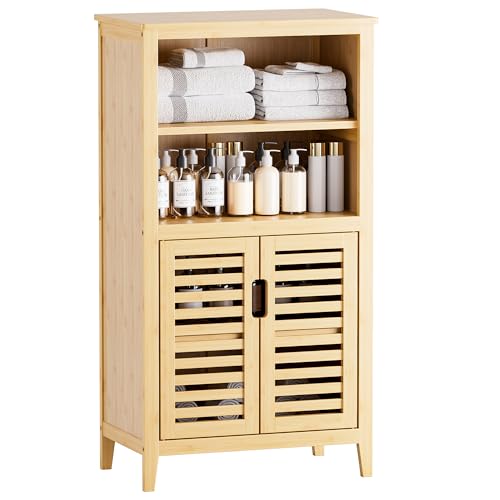 HITNET Bathroom Cabinet Freestanding, Bamboo Storage Cabinet 5-Tier Floor Cupboard with Door and Shelf for Bathroom, Kitchen, Hallway, Natural - color: Natural