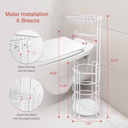 Goozii White Toilet Paper Holder Stand with Shelf, Free Standing Bathroom Tissue Holder for Large Mega Rolls, Metal Floor Toilet Paper Roll Holder with Wipes Storage and Phone Tray (White) - color: White