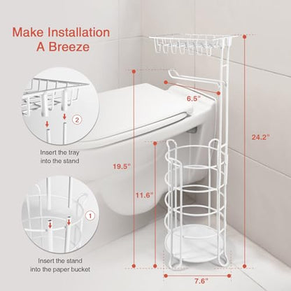 Goozii White Toilet Paper Holder Stand with Shelf, Free Standing Bathroom Tissue Holder for Large Mega Rolls, Metal Floor Toilet Paper Roll Holder with Wipes Storage and Phone Tray (White) - color: White