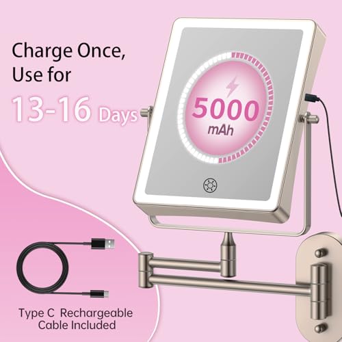 FASCINATE 8.7" 5000mAh Rechargeable Wall Mounted Makeup Mirror (Nickel) | Bathroom Mirror Rectangle Double Sided Touch Switch 1X 30X Magnifying, 3 Color Setting, Extended Arm 360° Swivel Foldable - color: Nickel a