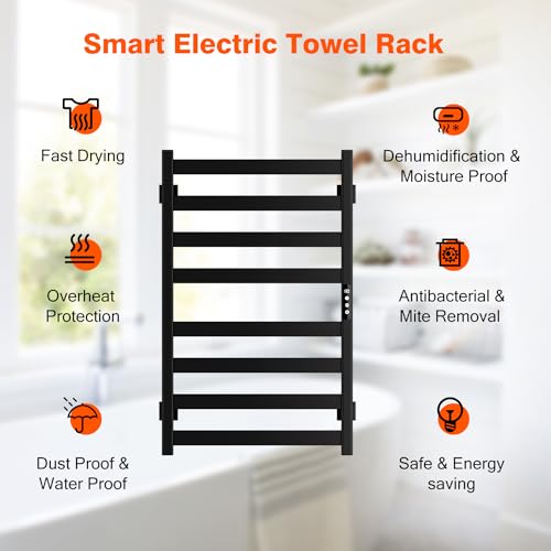 Towel Warmer, Towel Heater Rack for Bathroom, 8-bar Electric Towel Dryer Wall-Mounted Plug-in Bath Heater, 201 Stainless Steel Hot Towel Rack with Timer and Smart Temperature Control - color: Black