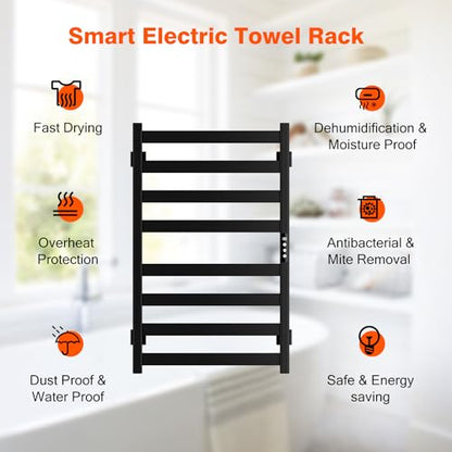 Towel Warmer, Towel Heater Rack for Bathroom, 8-bar Electric Towel Dryer Wall-Mounted Plug-in Bath Heater, 201 Stainless Steel Hot Towel Rack with Timer and Smart Temperature Control - color: Black