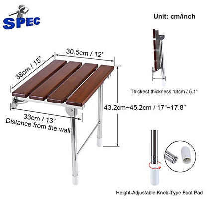 Folding Shower Seat Wall Mounted with Legs, Foldable Shower Chair for Inside Shower, Fold Down Shower Bench for Seniors (Wood, Fixed Height)