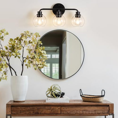 Bathroom Light Fixtures Black Vanity Light, 3 Light Modern Wall Sconces Lighting Bathroom Lights with Globe Clear Glass Shades, Bath Wall Lights Wall Lamp for Mirror Kitchen Living Room Hallway | Wall Sconces Lighting with Globe Clear Glass Shades, Bath W