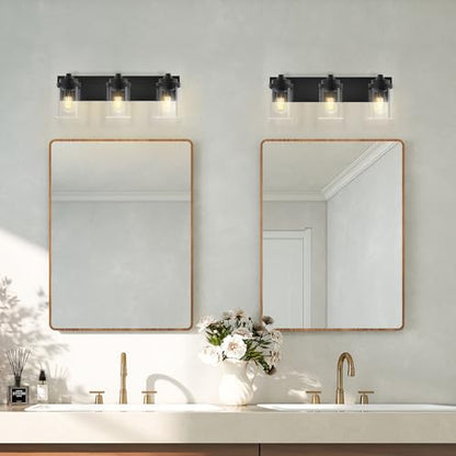Bathroom Vanity Light, 3-Light Modern Black Vanity Light Fixtures with Clear Glass Shade, 22in Matte Black Bathroom Light Fixtures Over Mirror, Rustic Restroom Lighting Fixtures - color: Black, size: 3-Light
