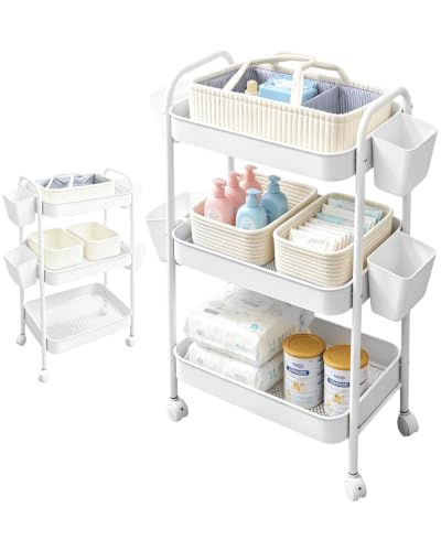 3 Tier Rolling Cart Organizer with Wheels, Metal Utility Storage Cart for Nursery, Bathroom, Kitchen, Craft Room & Laundry Room, Includes Hanging Baskets and Rope Storage Bin, White