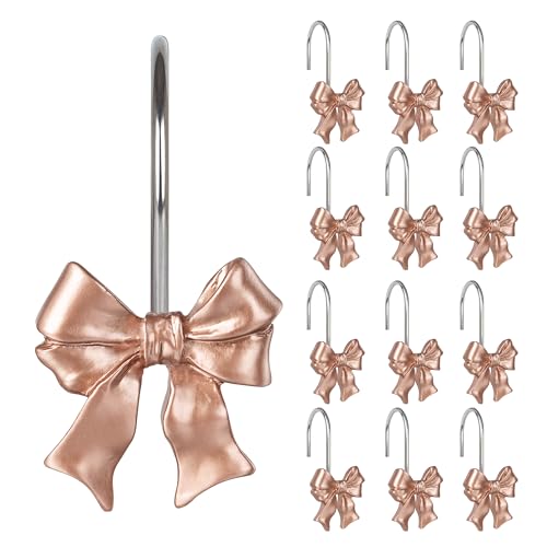 Sunlit Cute Bow Knot Shower Curtain Hooks, Home Decorative Shower Curtain Rings for Bathroom, Resin Shower Curtain Hangers Bathroom Accessories, Set of 12, Rose Gold - color: Rose Gold