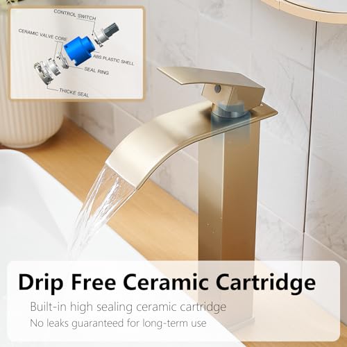 Brushed Gold Bathroom Vessel Sink Faucet Modern Waterfall Vessel Faucet | Stainless Steel Tall 1 Hole Single Handle Vanity Lavatory Modern Commercial Mixer Tap With Pop Up Drain by BATHLAVISH - color: Brushed Gold, size: Modern Vessel Sink Faucet