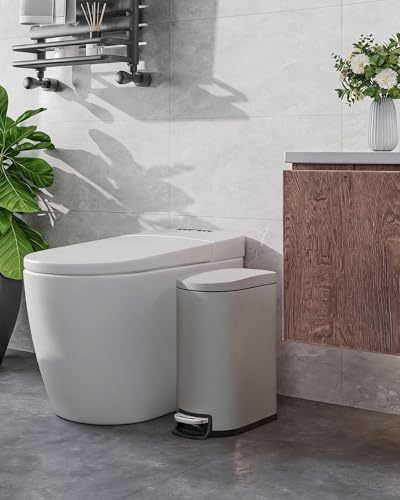 IDEALHOUSE 2.6 Gal/10L Bathroom Trash Can with Lid,Grey | Slim,Stainless Steel,for Narrow Gaps, Small Step-on Metal,Removable Inner Bucket, Soft Close - color: Grey