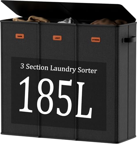 185L Laundry Hamper 3 Section with Lid, Black Dirty Clothes Hamper with 3 Removable Laundry Bags, Large Laundry Basket for Bedroom, Laundry Room, Dorm - color: Black