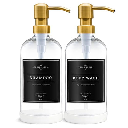 Vine Creations Glass Soap Dispenser, 2 Pack Kitchen Soap Dispenser Set with Stainless Steel Pump, 16 oz Dish Soap and Hand Soap Dispensers for Bathroom with Waterproof Labels (Clear) - color: Clear Bottle / Gold Pump