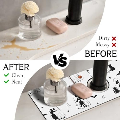 Halloween Kitchen Sink Splash Guard Faucet Mat,Cats Ghosts Bat Halloween Faucet Non-Slip Absorbent Mat,Farmhouse Sink Splash Guard Behind Faucet for Kitchen Bathroom,15"x5.5" - color: Drying Faucet Mat 14