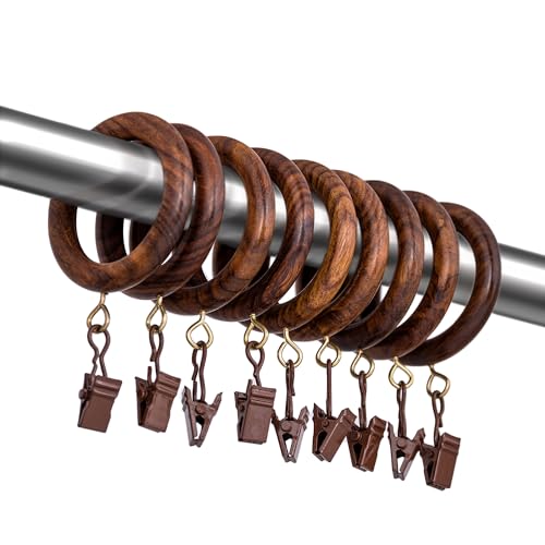 Handcrafted Rosewood Shower Curtain Rings with Clips – 3" Outer, 2.2" Inner Diameter – Smooth Wooden Rings with Metal Clips for Shower Curtains and Bathroom Drapes – Pack of 24 - size: 2.2" Inner Diameter