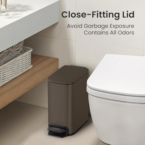 Cesun Small Bathroom Trash Can with Lid, 1.6 Gal, Soft Close, Brown | Step pedal soft close, Slim 5.9in fits narrow spaces, Stainless steel, Anti-fingerprint, Removable inner bucket, Odor seal - color: Brown