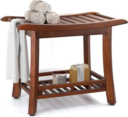 RANDEFURN 24“ Teak Shower Bench with Shelf,Teak Wood Shower Stool,Waterproof Wood Shower Chair for Elderly,2-Tier Wooden Shower Seat Spa Stool for Indoor and Outdoor Use.(24 x 13.4 x 18.3in, Brown)