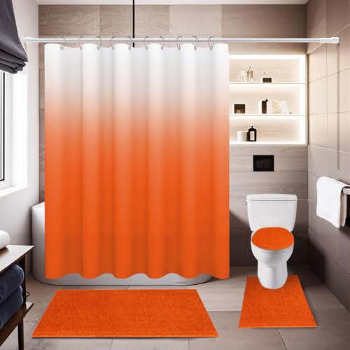 Shower Curtain Sets with Rugs and Adjustable Toilet Seat Cover | 4 Pcs Orange Bathroom Sets with Shower Curtain and Rugs and Microfiber Toilet Lid Cover - color: Orange