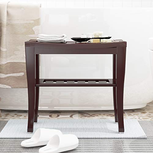 soges Bamboo Shower Bench, Waterproof Shower Stool with Storage Shelf, Wood Bath Organizer Seat, Brown - color: Brown