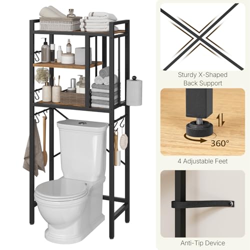 Over The Toilet Storage Rack, 3-Tier Bathroom Organizer Shelf, Above Toilet Storage with Paper Holder 8 Hooks, Over The Toilet Storage Cabinet for Bathroom, Laundry, Rustic Brown and Black TR06BR