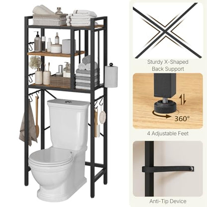 Over The Toilet Storage Rack, 3-Tier Bathroom Organizer Shelf, Above Toilet Storage with Paper Holder 8 Hooks, Over The Toilet Storage Cabinet for Bathroom, Laundry, Rustic Brown and Black TR06BR