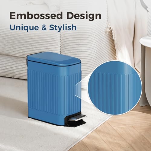 TrashAid Slim Bathroom Trash Can with Lid Soft Close & Pedal, 1.6Gal, Blue | Removable Inner Bucket, Stainless Steel Garbage Can, Small Wastebasket for Toilet/Office/Bedroom, Retro Design, Odor Control - color: Blue