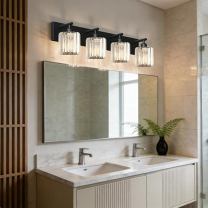 Black Crystal Bathroom Vanity Light, 4-Light Modern Bathroom Lighting Fixtures Over Mirror, Matte Black Wall Sconce Light Fixtures with Round Shade - color: Black-Round Shade, size: 4-LIGHT