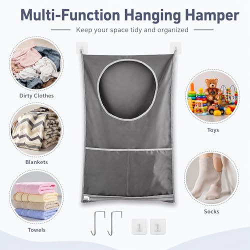 Hanging Laundry Hamper Bag with Over Door Hooks & Adhesive Hooks,Wall Mount Dirty Clothes Storage Basket with Bottom Zipper,Waterproof Oxford Fabric Door Hanging Laundry Bag for Towels Toys Blankets S