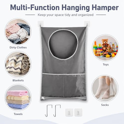 Hanging Laundry Hamper Bag with Over Door Hooks & Adhesive Hooks,Wall Mount Dirty Clothes Storage Basket with Bottom Zipper,Waterproof Oxford Fabric Door Hanging Laundry Bag for Towels Toys Blankets S