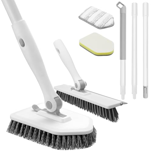 nacena Shower Scrubber with Long Handle, 4 in 1 Tile Tub Scrubber Brush with 3 Detachable Cleaning Heads and V-Shaped Grout Brush Shower Cleaner Brush for Bathroom Kitchen Toilet Tub Sink, Grey White - color: Grey White, size: 2 pads+brush