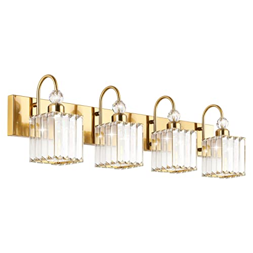 Ralbay Crystal Gold Bathroom Vanity Lights 4-Lights Vanity Lights Over Mirror Modern Crystal Gold Bathroom Wall Lighting Fixtures - color: Square-Gold, size: 4-light