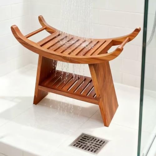 23" Teak Shower Bench Shoe Storage Bench Teak Shower Stool Curved Seat,Wooden Stool for Bathroom,Teak Wood Shower Seat Chair with Shower Storage Shelf,Hold Up to 500 LBS