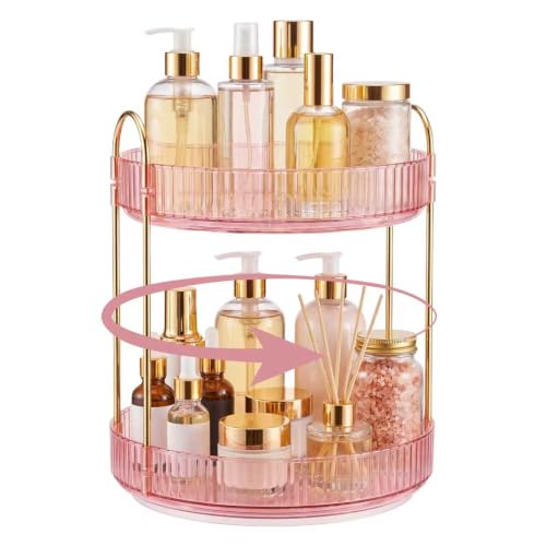 Rotating Makeup Organizer Countertop, Bathroom Lazy Susan Tray Stand | 360° Spinning Perfume & Skincare Vanity Holder, 2-Tier Pink, Desk Counter Organizer and Storage for Easy Visibility - color: Pink
