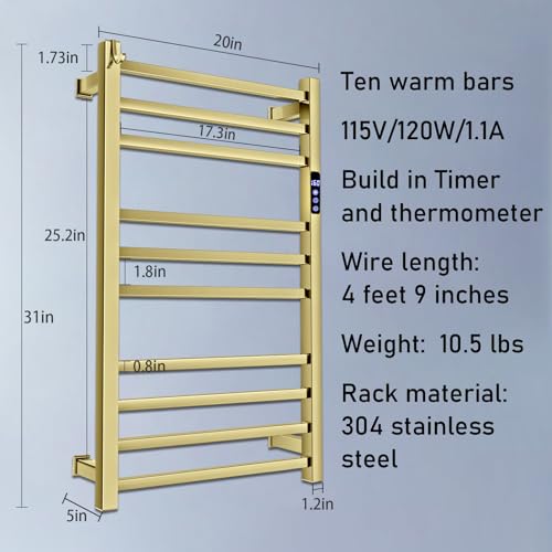 XBVV Towel Warmer Rack for Bathroom with Timer/Fahrenheit Temperature Control Wall Mounted Electric Heated 10 Bar Rail Plug-in or Hardwired Keep Bath Shower Towel Warming (Brushed Gold) - color: Brushed Gold