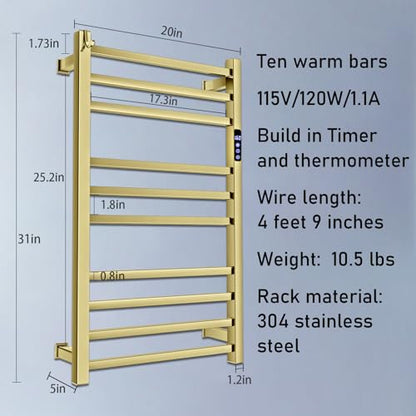 XBVV Towel Warmer Rack for Bathroom with Timer/Fahrenheit Temperature Control Wall Mounted Electric Heated 10 Bar Rail Plug-in or Hardwired Keep Bath Shower Towel Warming (Brushed Gold) - color: Brushed Gold