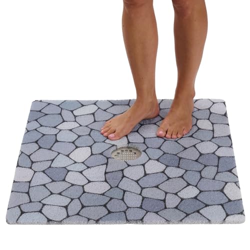 Shower Mat with Center Drain Hole - Secure Loofah Non Slip Shower Mats for Inside Shower - 27x27 Square Bath Mats for Shower - Anti Slip Shower Stall Mat - Square Shower Floor Mat (27x27 Pebble Blue) - color: Pebble Blue, size: 27" x 27" (Square)