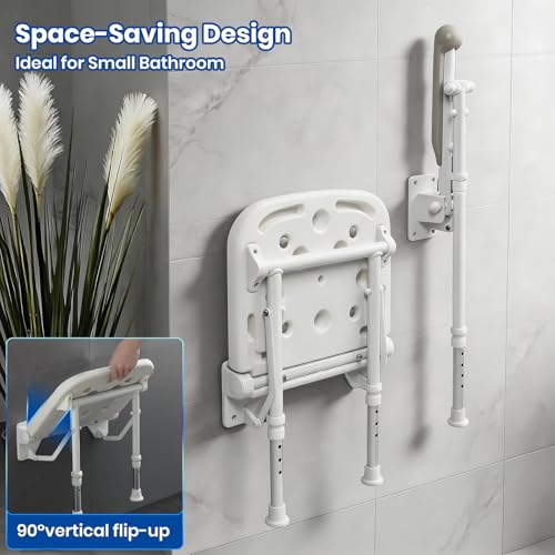 Folding Shower Seat with Adjustable PU Grab Bar, 550lbs Heavy Duty Fold Down Bath Bench with Legs, Non-Slip Comfort Grip and Removable Cushion, Wall Mounted Chairs for Seniors - size: Shower Seat+Grab Bar+Legs