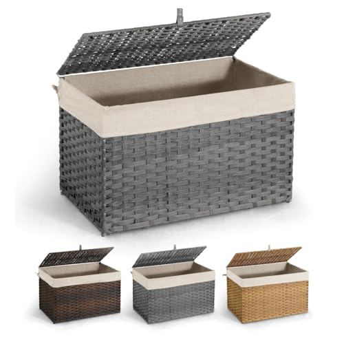 CAPHAUS Handwoven Storage Basket w/Lid and Handles, 2 Removable Liner Bags, Foldable Clothes Basket for Laundry, Large Synthetic Rattan Laundry Basket w/Lid, Laundry Basket w/Lid, 160L, Grey - color: Grey, size: 42.3 Gal (160L)