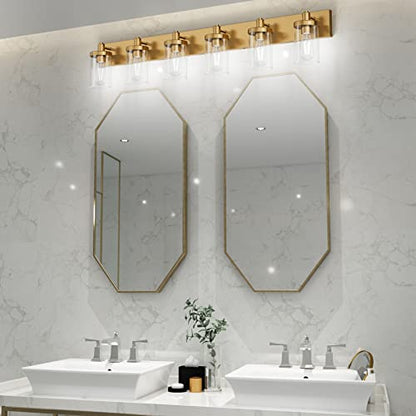 Aipsun Gold Bathroom Vanity Light Farmhouse Vanity Lighting Fixtures 6 Light 48in Bathroom Light Fixtures with Clear Glass Shade(Exclude Bulb) - color: Gold, size: 6-Light