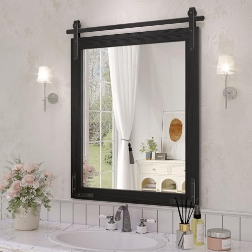 Black Farmhouse Bathroom Mirror, 22"x30" Rustic Bathroom Mirrors | 5mm HD glass, solid wooded framed, rectangle, explosion-proof, barn door style, anti-rust, for bathroom/bedroom/entryway - color: Black, size: 22"L x 30"W