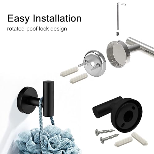 7 PCS Bathroom Hardware Set, Matte Black Stainless Steel Bathroom Tower Rack Set Wall Mounted Includes 16" Towel Bar, Toilet Towel Paper Holder, Towel Ring, 4 Robe Towel Hooks - color: 7pcs-matte Black