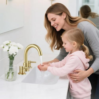 Bathroom Faucet 3 Hole Brushed Gold, 2-Handle Widespread Faucet | Lead-free stainless steel, pop-up drain, Detachable faucet aerator, 360°swivel, for RV & vanity sink 3-hole mount - color: 1-Brushed Gold, style: 8 Inch Widespread