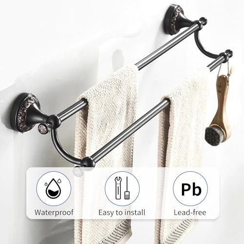 Oil Rubble Bronze Brass Double Towel Bar, Adjustable 15.5 to 27.5 Inch Bath Towel Bar Rack for Bathroom Towel Holder, Wall Mounted Black Bathroom Hardware Accessories,Pattern Carving Design - color: Double Towel Rack