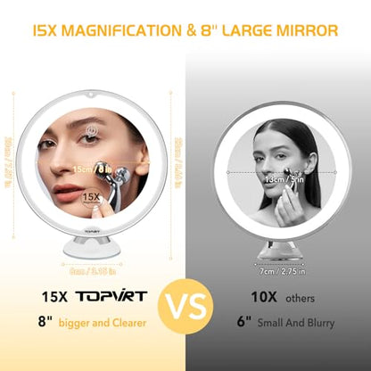 Flexible 15X Magnifying Suction Mirror - Dimmable LED Vanity Mirror, Power Suction Cup, Portable for Home Bathroom - Ideal for Detailed Makeup Eyeshadow Eyeliner (Medium)