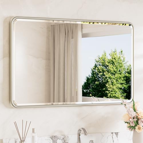 Brushed Nickel Vanity Mirror for Bathroom 40 x 24 Beveled Edge Tempered Glass, Rounded Corner Rectangle Wall Mirror for Modern Bathroom, Living Room, Bedroom, Entryway - color: Brushed Nickel, size: 24"L x 40"W